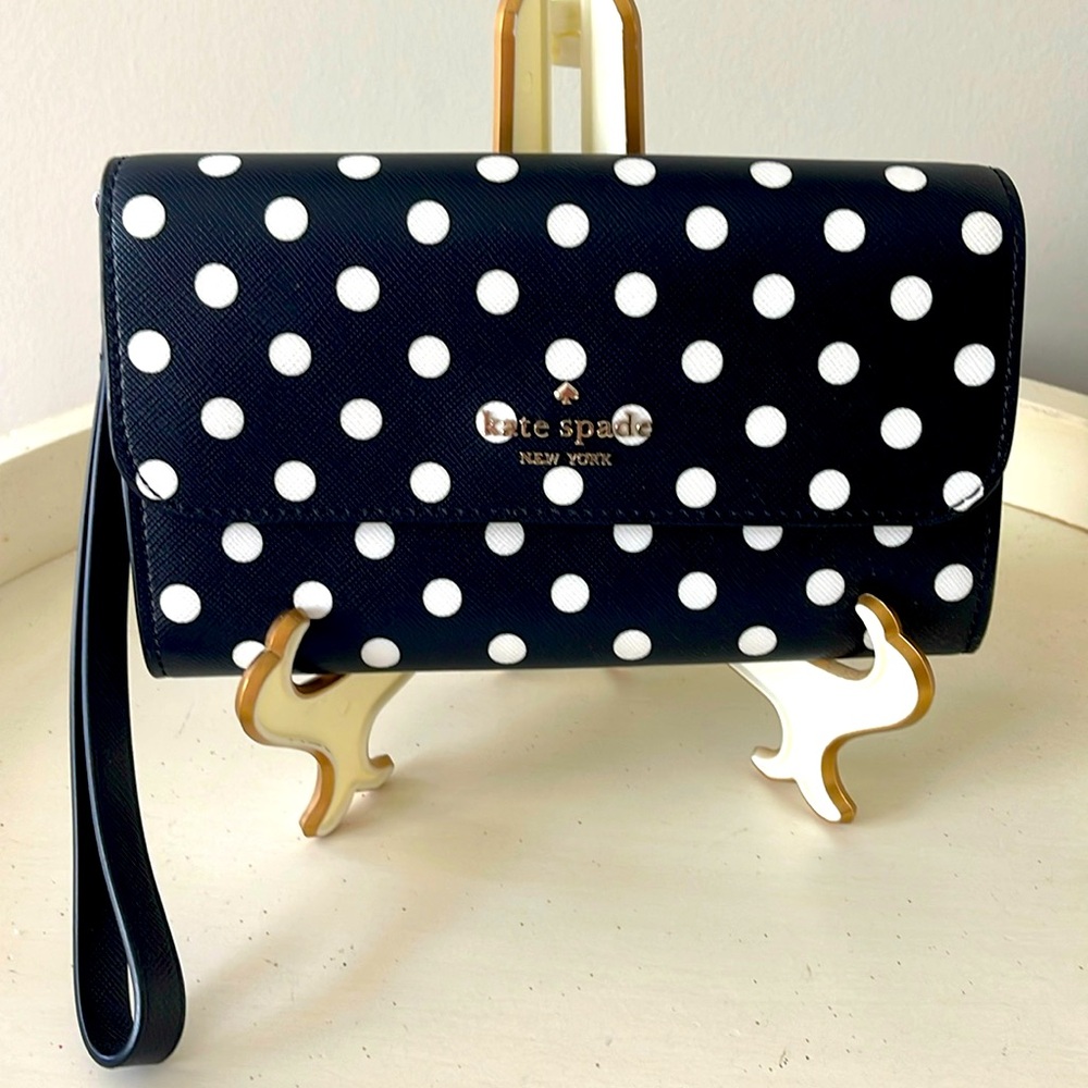 Kate Spade Cheers Medium Phone Wristlet in black and white polkadot!